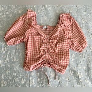 Pink Gingham Ruched Puff Sleeve Top
